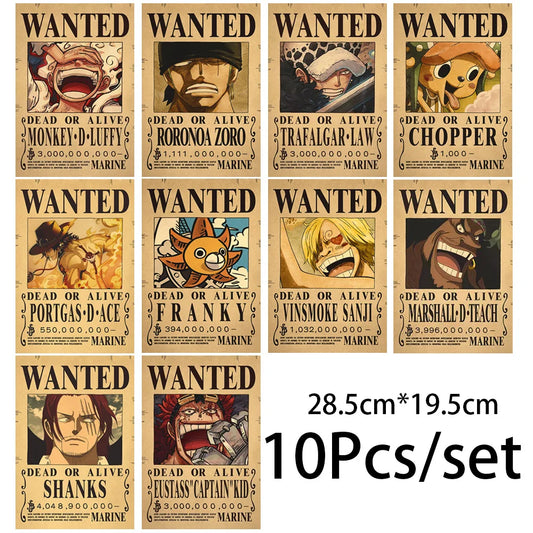 10Pcs One Piece Luffy Wanted Vintage Posters